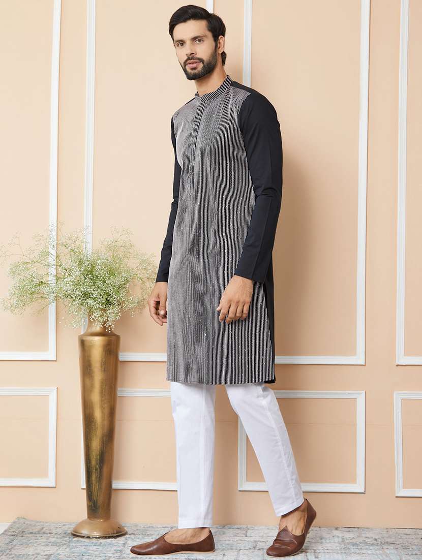 men solid with work mandarin neck long kurta - 22392159 -  Standard Image - 4