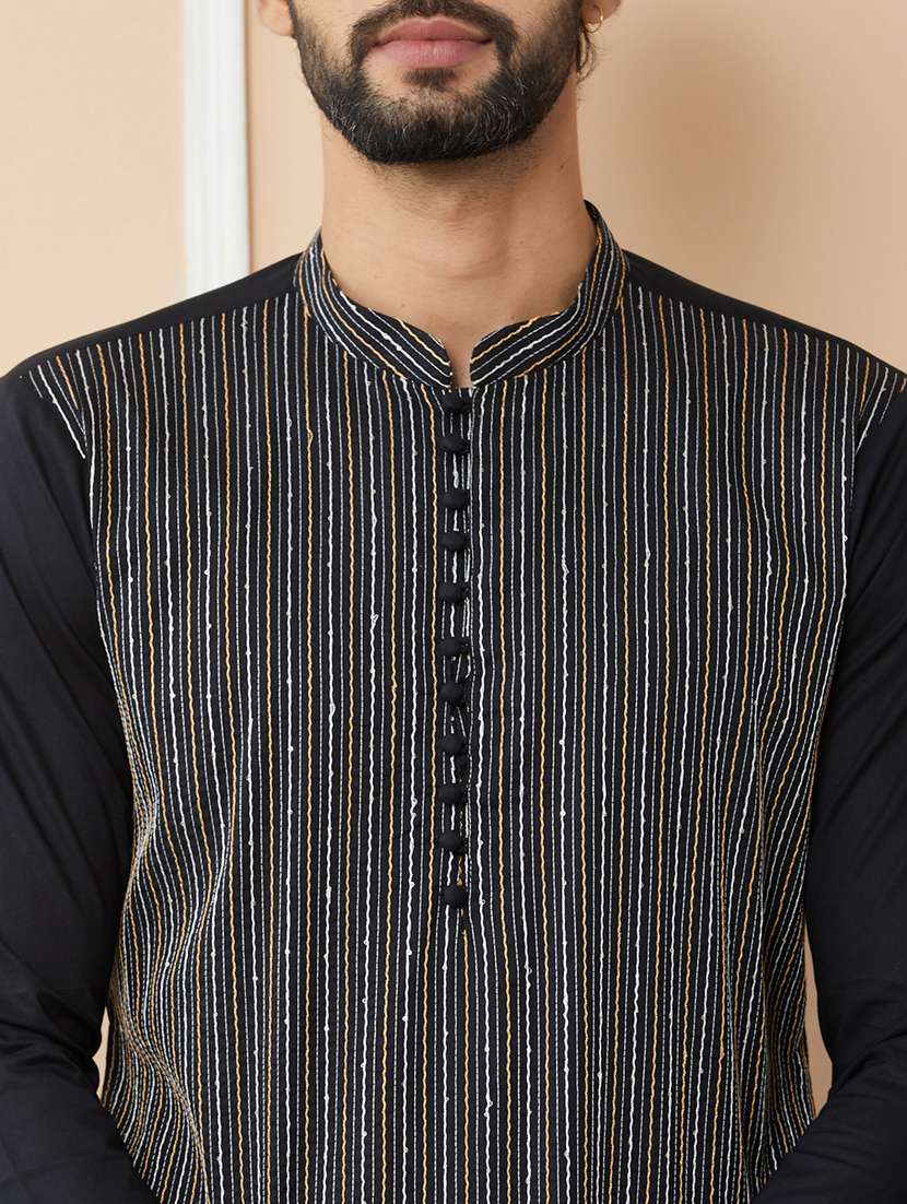 men solid with work mandarin neck long kurta - 22392161 -  Standard Image - 1