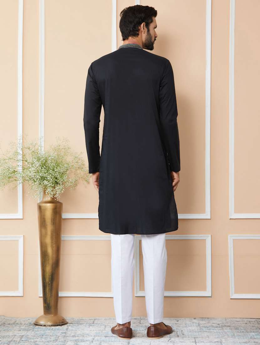 men solid with work mandarin neck long kurta - 22392161 -  Standard Image - 4