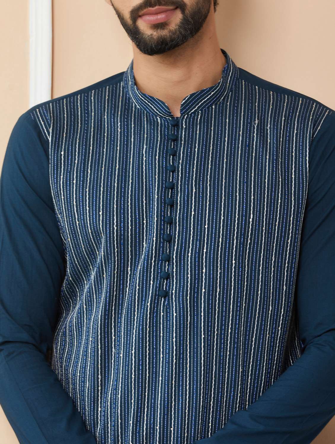 men solid with work mandarin neck long kurta - 22392175 -  Standard Image - 1