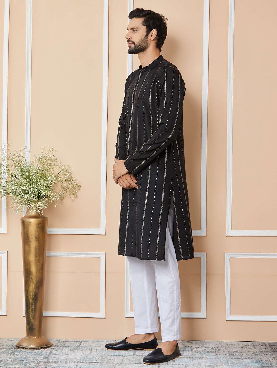 men solid with work mandarin neck long kurta - 22392184 -  Standard Image - 4