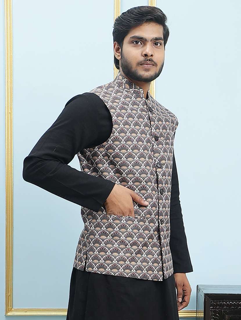men printed sleeveless nehru jacket - 22392199 -  Standard Image - 4