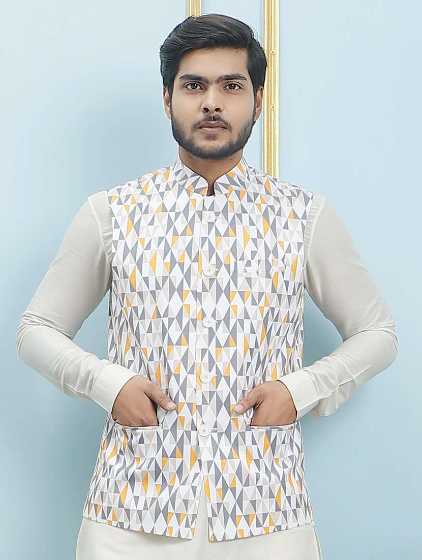 men printed mandarin neck nehru jacket