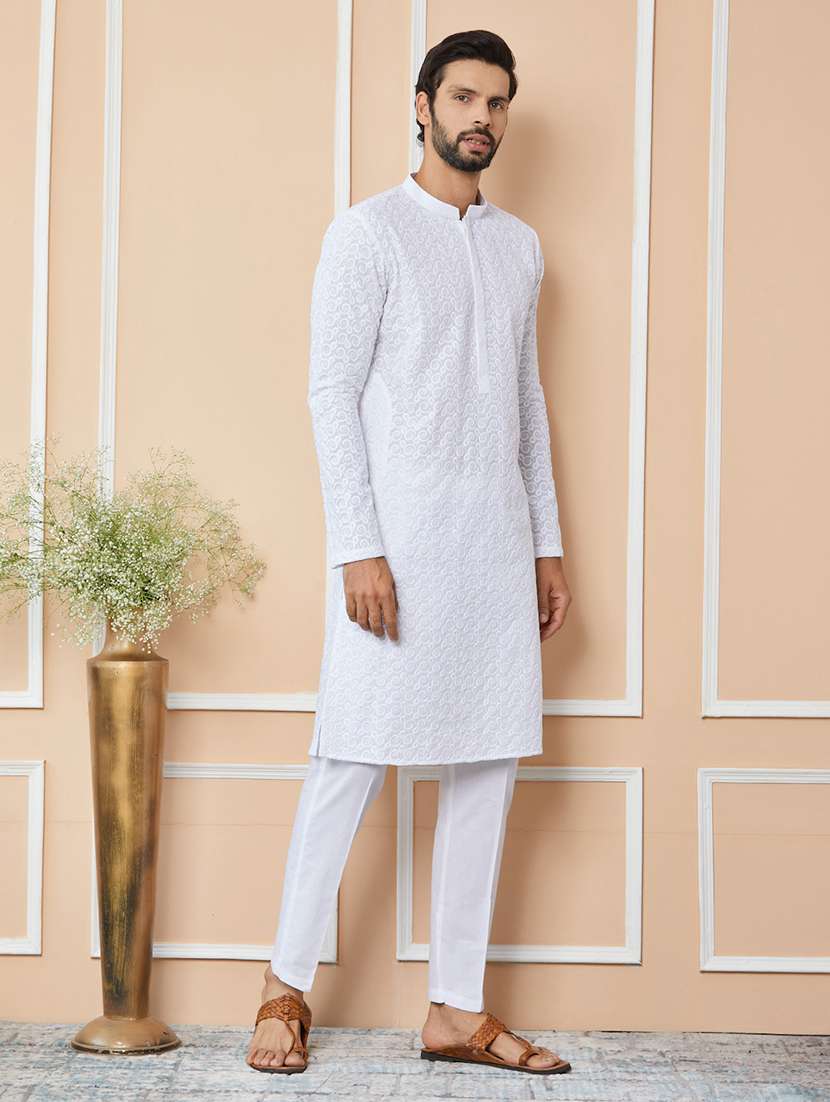 men solid with work mandarin neck long kurta - 22392221 -  Standard Image - 4