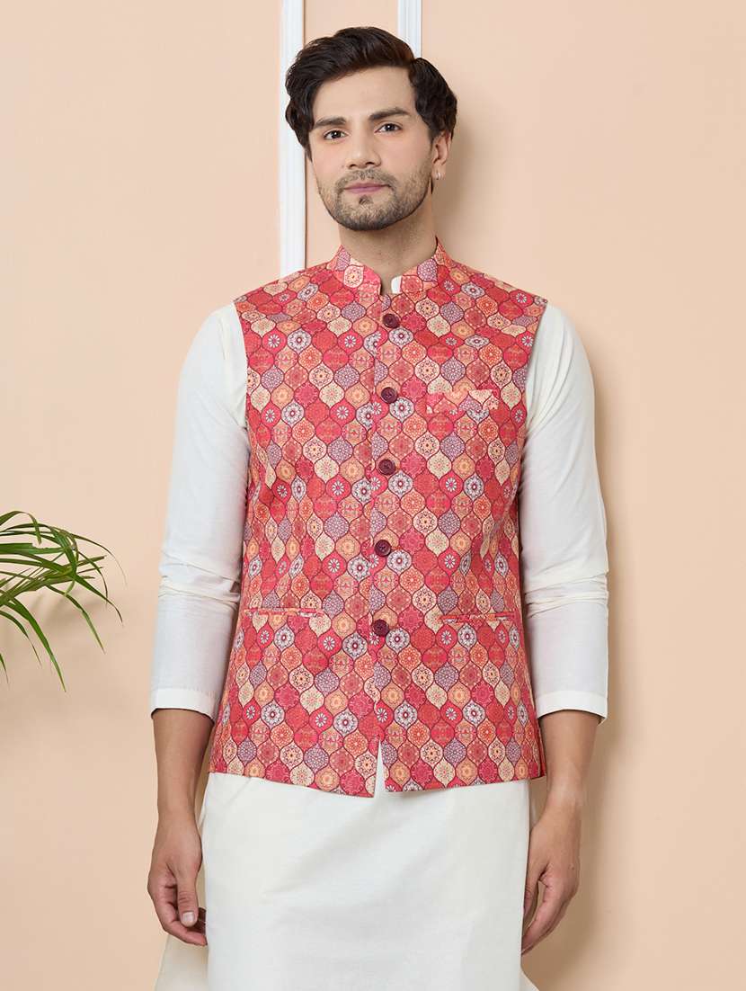 men printed sleeveless nehru jacket