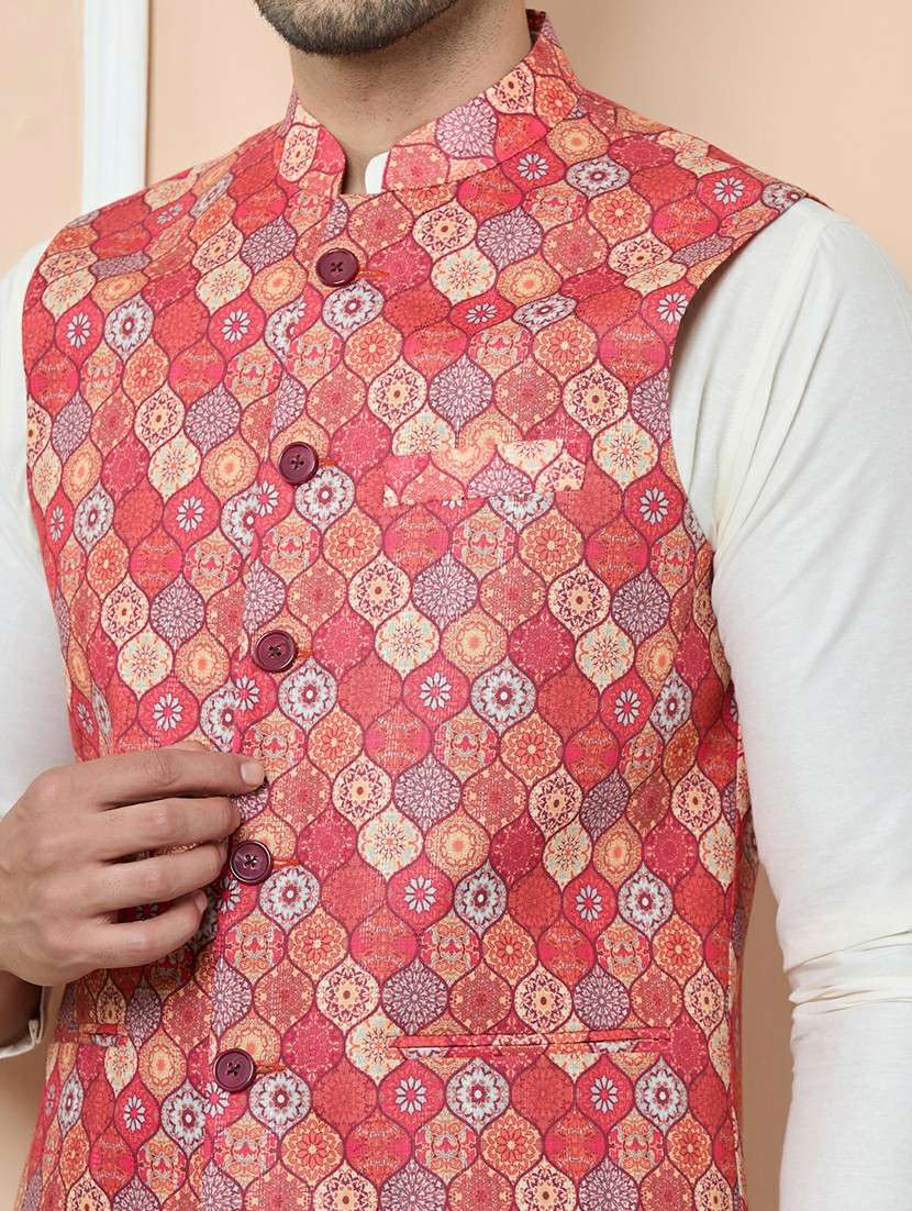 men printed sleeveless nehru jacket - 22392225 -  Standard Image - 1
