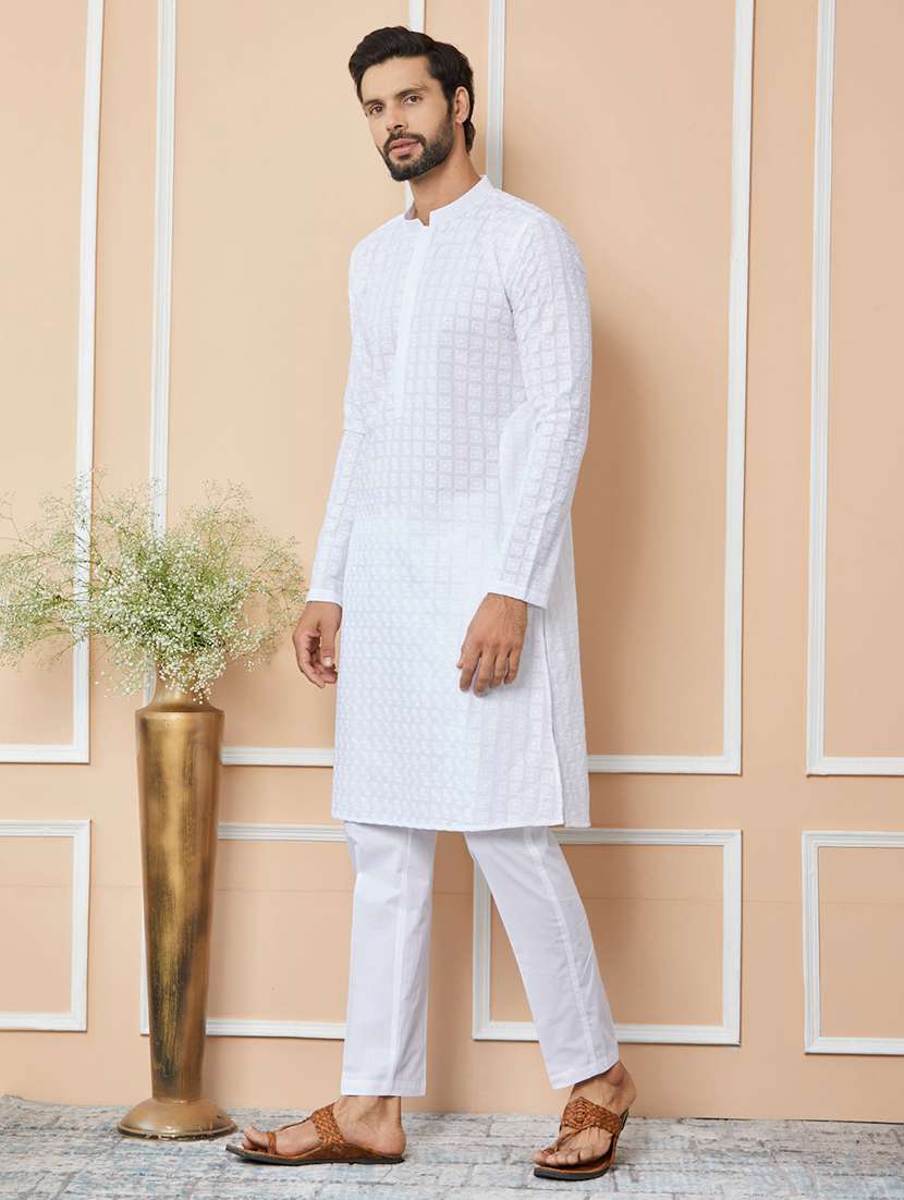 men solid with work mandarin neck long kurta - 22392230 -  Standard Image - 4