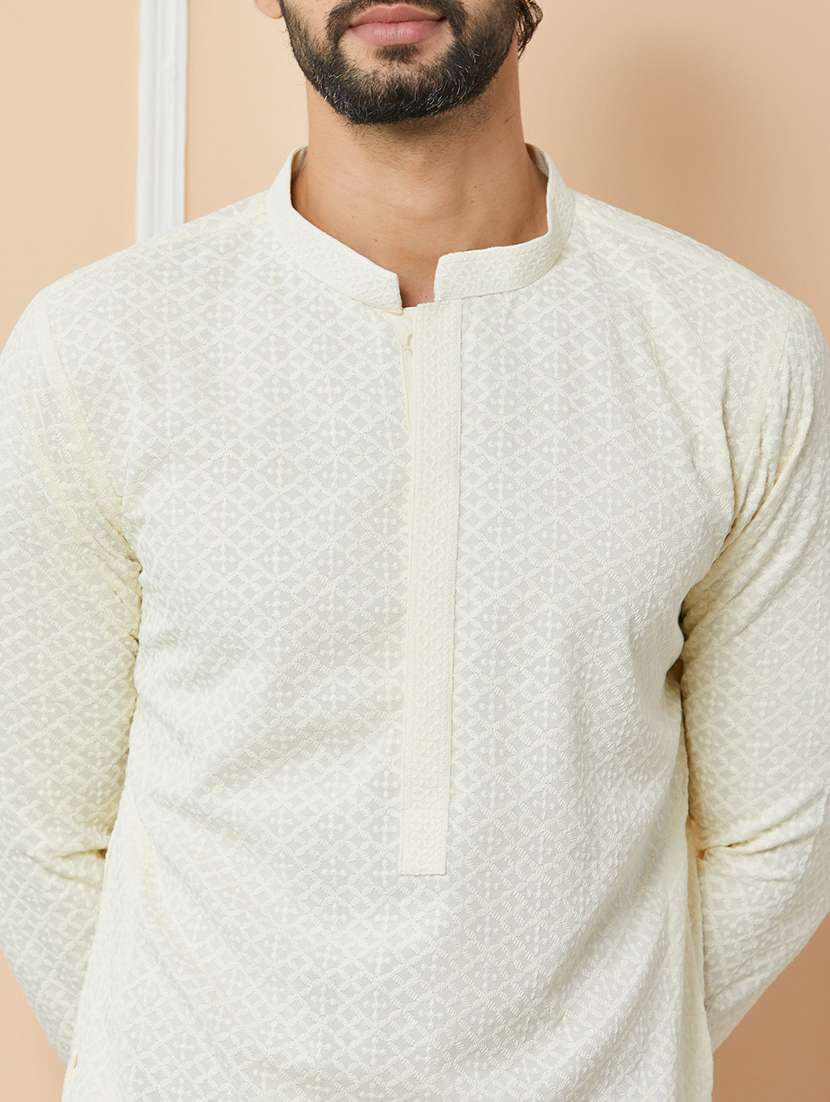 men solid with work mandarin neck long kurta - 22392233 -  Standard Image - 1