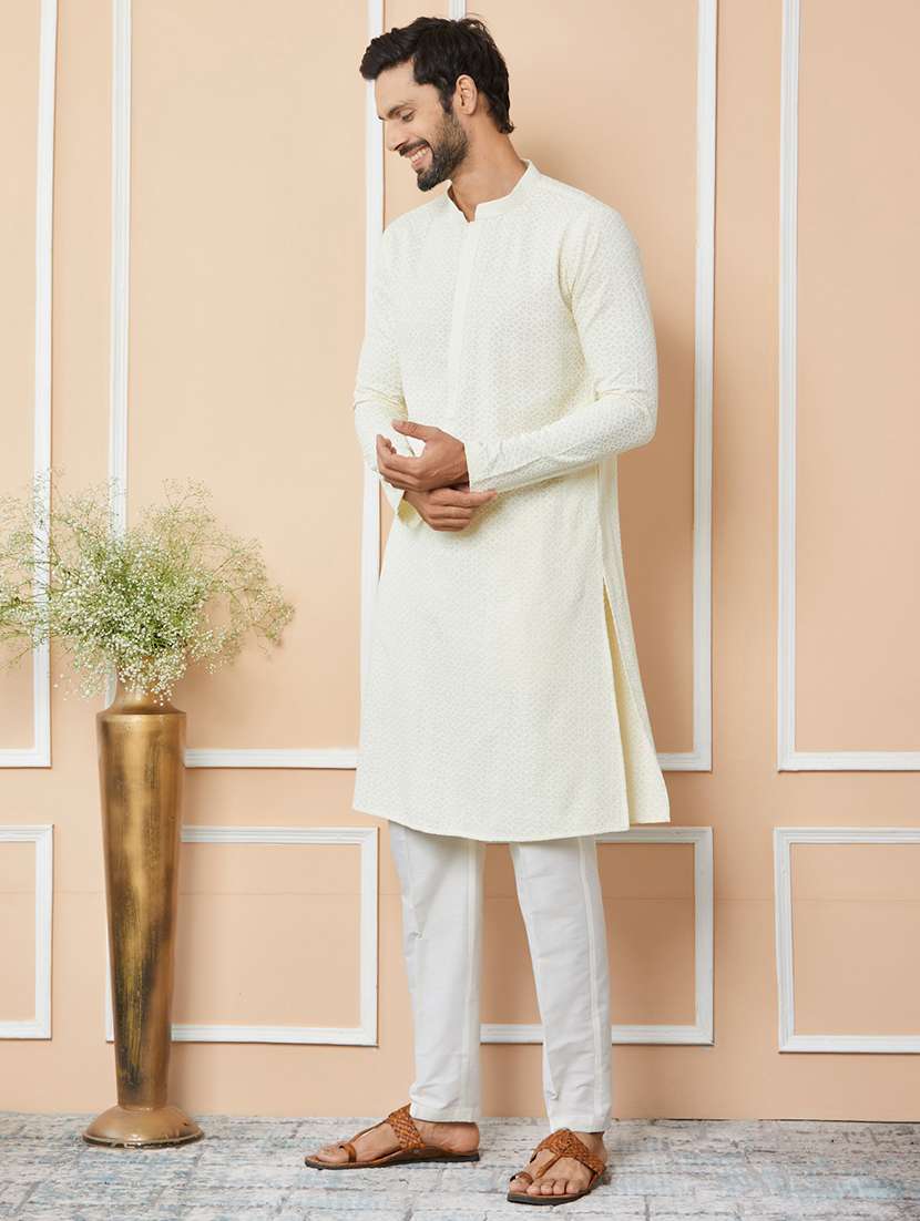 men solid with work mandarin neck long kurta - 22392233 -  Standard Image - 4