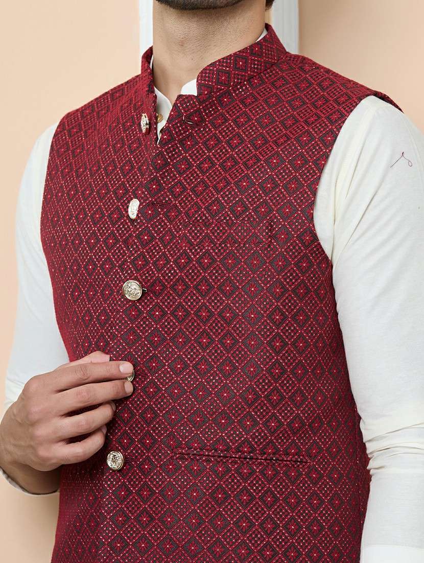 men self design mandarin neck nehru jacket - 22392239 -  Standard Image - 1
