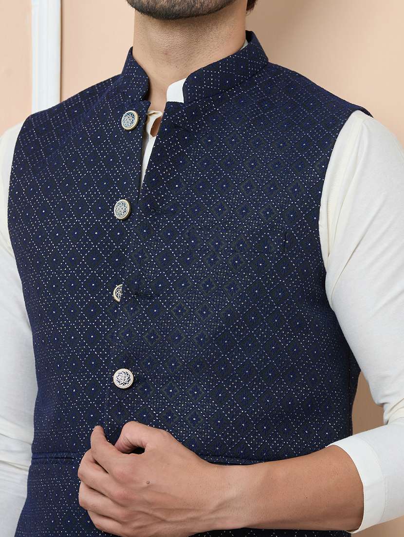 men self design mandarin neck nehru jacket - 22392240 -  Standard Image - 1