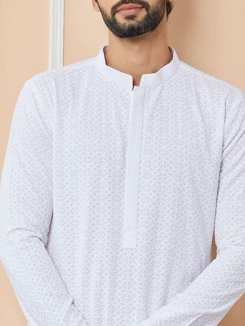 men solid with work mandarin neck long kurta - 22392241 -  Standard Image - 1