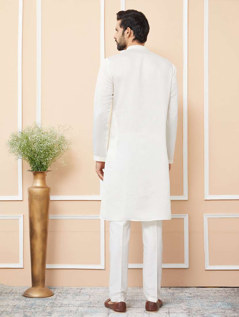 men solid with work mandarin neck long kurta - 22392244 -  Standard Image - 4