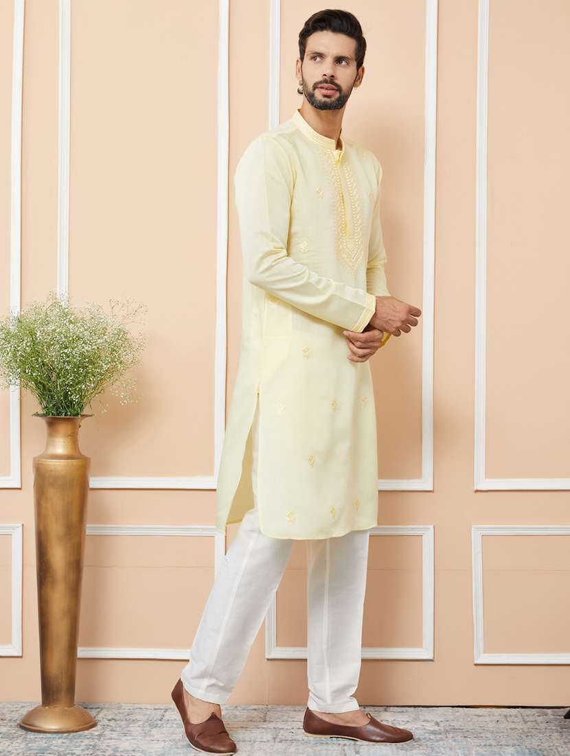 men solid with work mandarin neck long kurta - 22392252 -  Standard Image - 4
