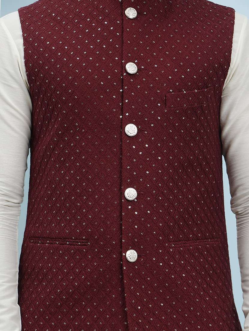 men solid with work mandarin neck nehru jacket - 22392260 -  Standard Image - 1