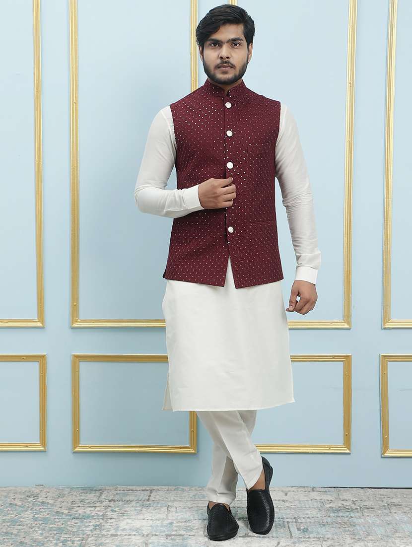 men solid with work mandarin neck nehru jacket - 22392260 -  Standard Image - 4