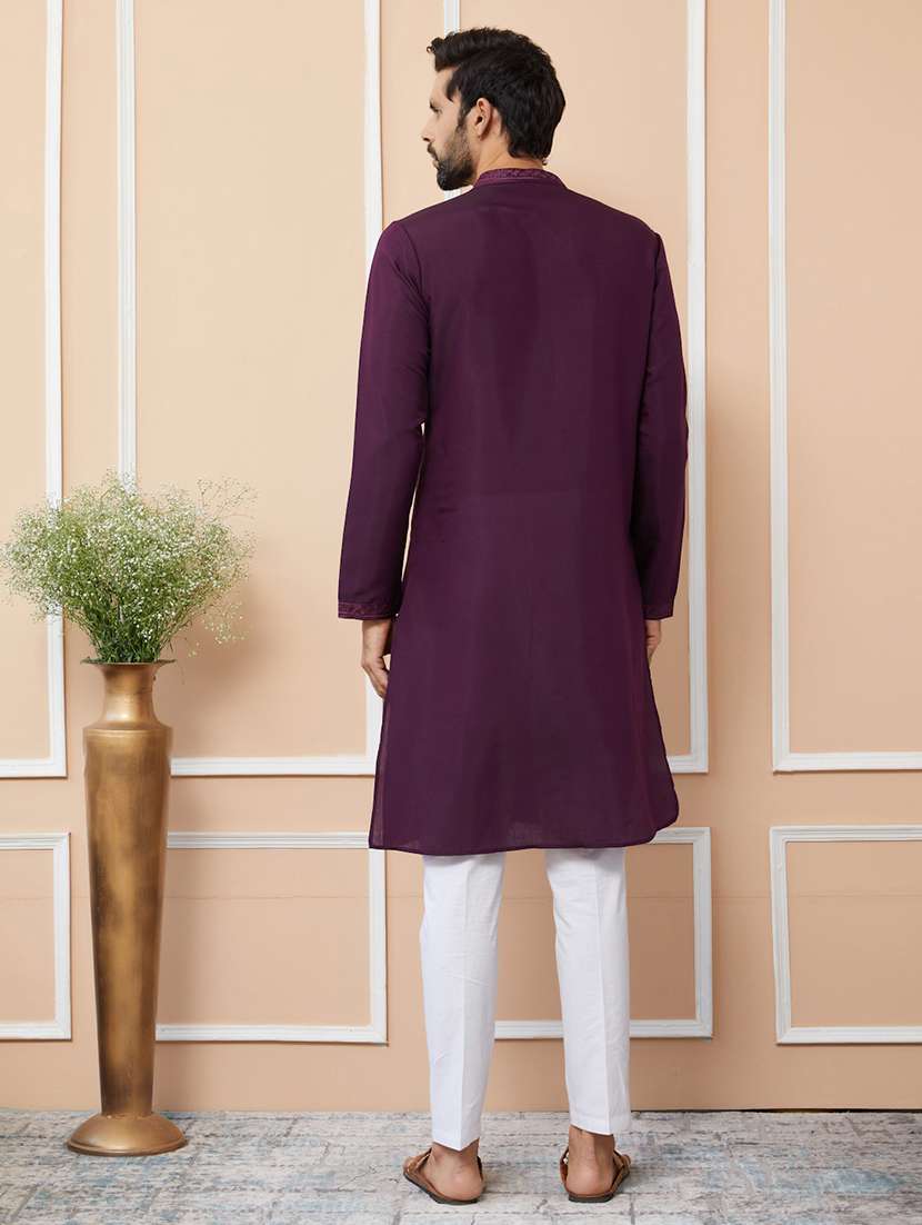 men solid with work mandarin neck long kurta - 22392269 -  Standard Image - 4