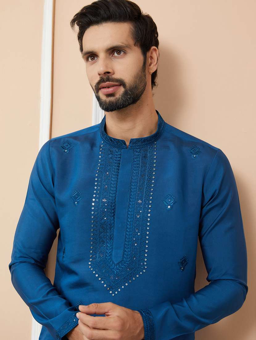 men solid with work mandarin neck long kurta - 22392271 -  Standard Image - 1