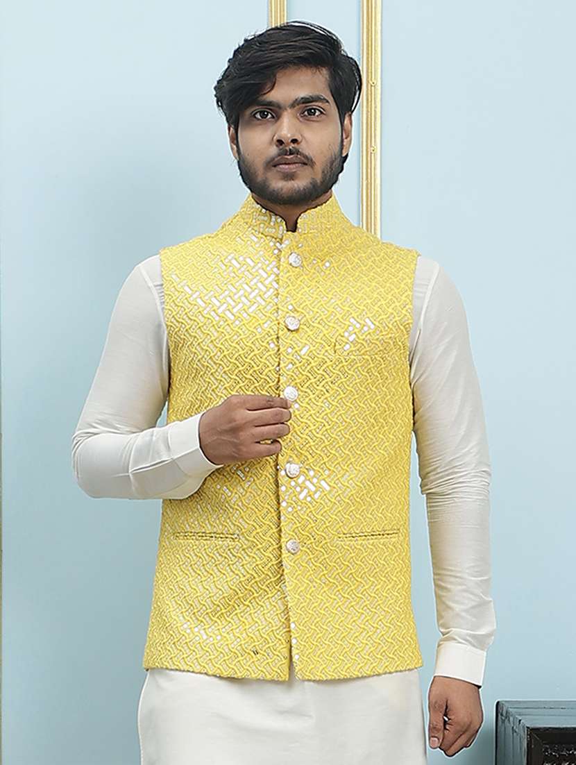 men solid with work mandarin neck nehru jacket - 22392272 -  Standard Image - 1