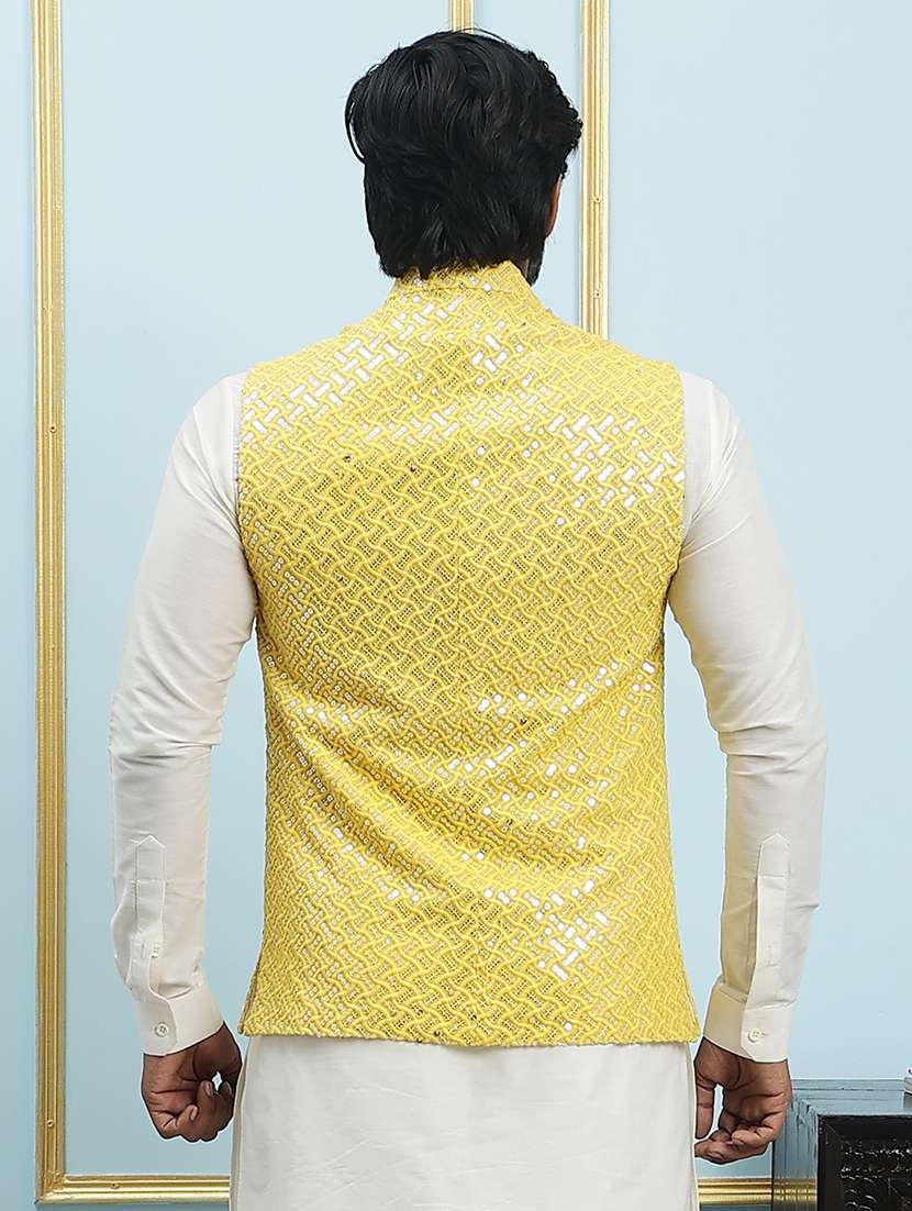 men solid with work mandarin neck nehru jacket - 22392272 -  Standard Image - 4