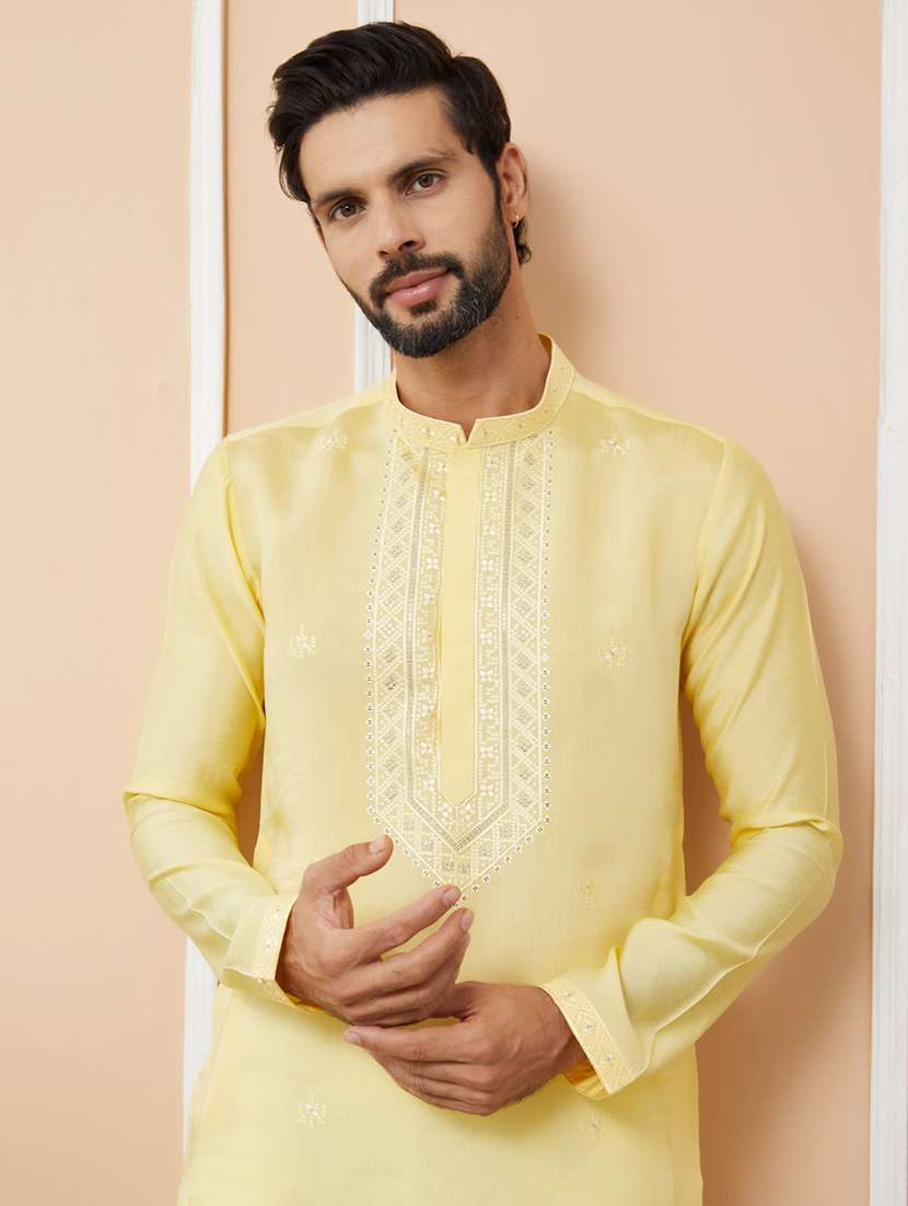 men solid with work mandarin neck long kurta - 22392279 -  Standard Image - 1