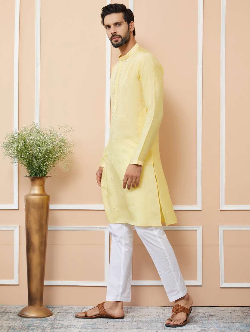 men solid with work mandarin neck long kurta - 22392279 -  Standard Image - 4