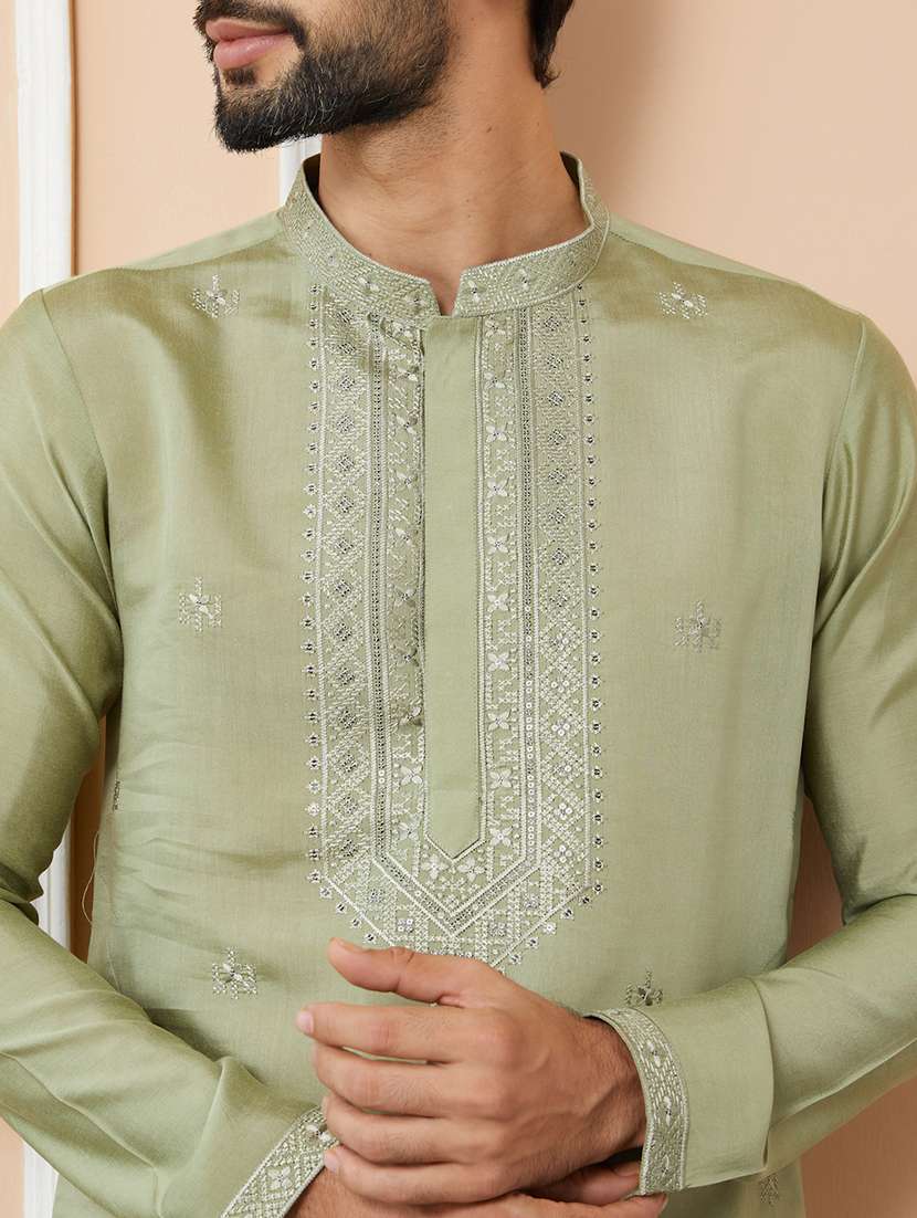 men solid with work mandarin neck long kurta - 22392282 -  Standard Image - 1
