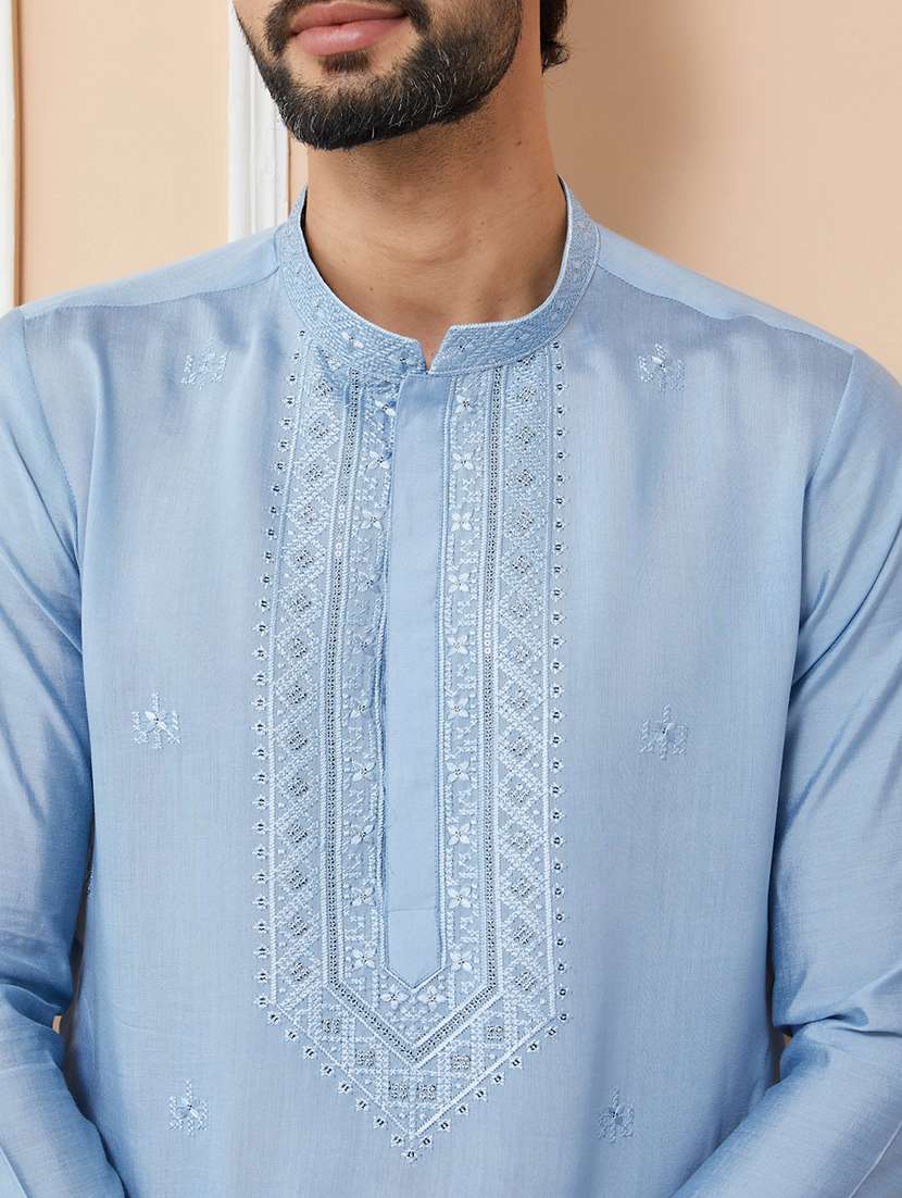 men solid with work mandarin neck long kurta - 22392287 -  Standard Image - 1