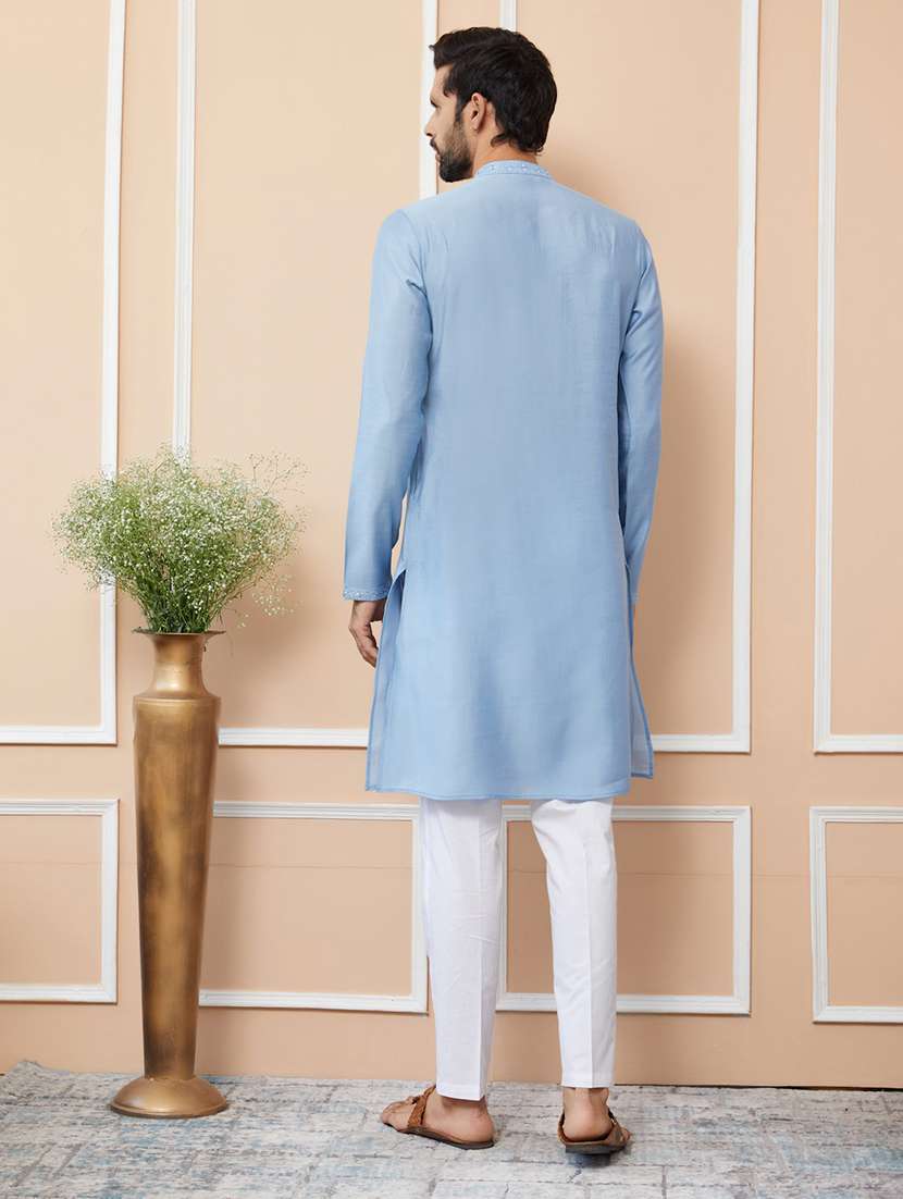 men solid with work mandarin neck long kurta - 22392287 -  Standard Image - 4