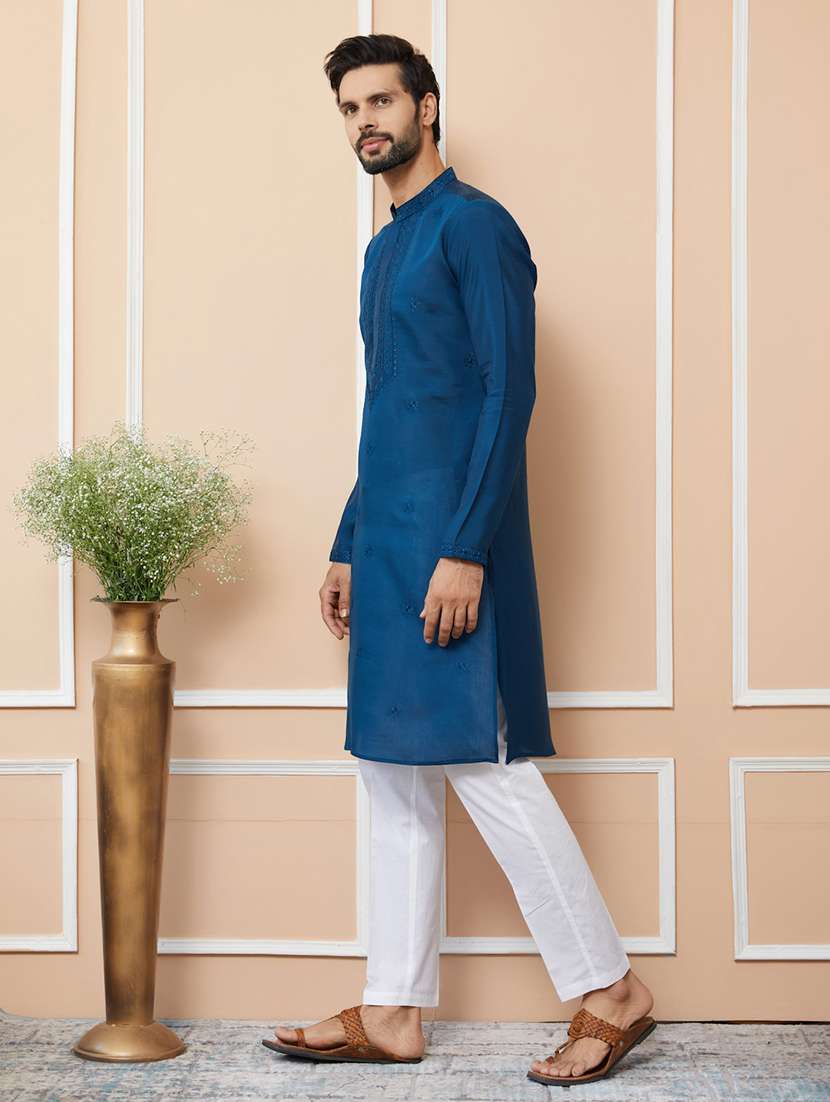 men solid with work mandarin neck long kurta - 22392289 -  Standard Image - 4