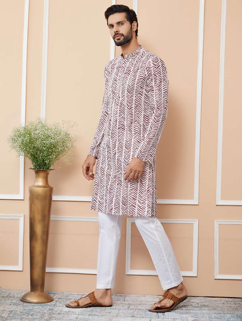 men printed mandarin neck long kurta - 22392302 -  Standard Image - 4