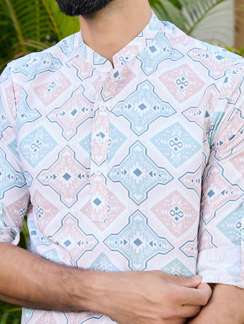 men mandarin neck roll-up sleeve short kurta - 22392442 -  Standard Image - 1