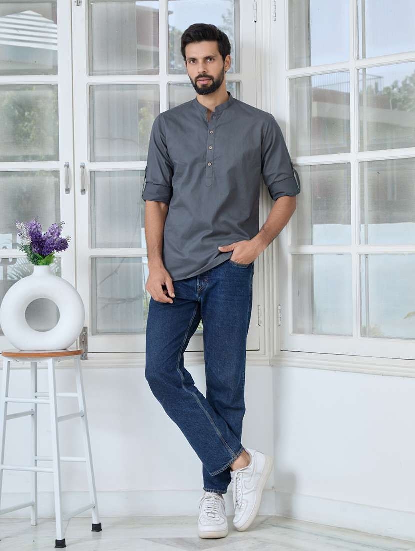 men mandarin neck long sleeve short kurta - 22392484 -  Standard Image - 4