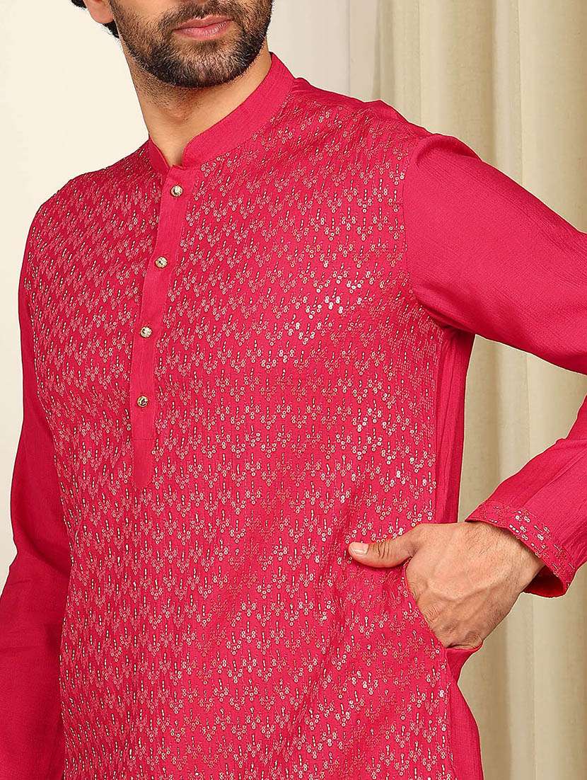men solid with work mandarin neck long kurta - 22392569 -  Standard Image - 1
