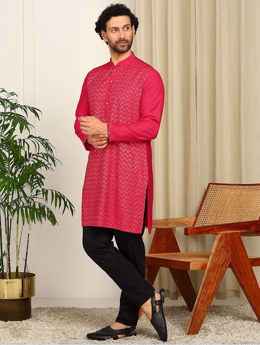 men solid with work mandarin neck long kurta - 22392569 -  Standard Image - 4