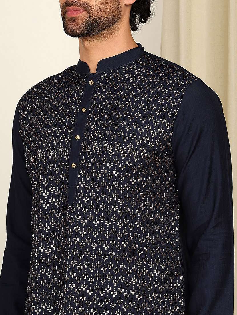 men solid with work mandarin neck long kurta - 22392570 -  Standard Image - 1