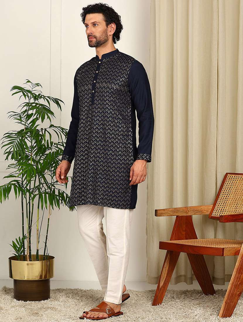 men solid with work mandarin neck long kurta - 22392570 -  Standard Image - 4
