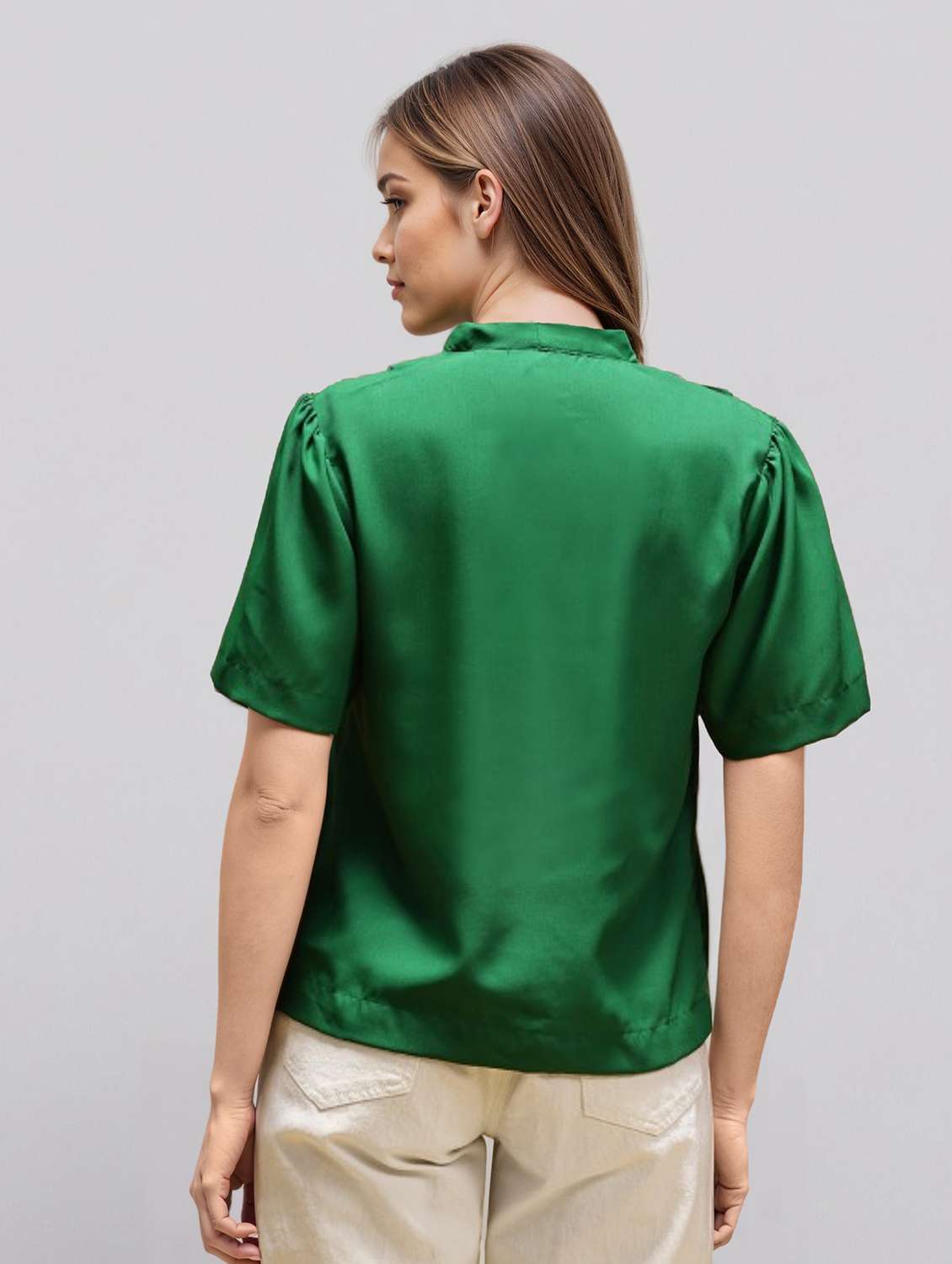 women solid puff sleeve straight top - 22392765 -  Standard Image - 4