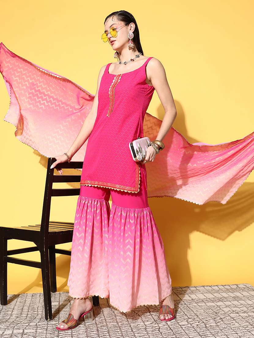 women printed sleeveless kurta sharara with dupatta set