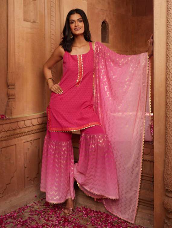 women printed sleeveless kurta sharara with dupatta set - 22392780 -  Standard Image - 1