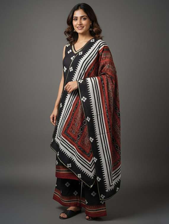 women printed sleeveless kurta palazzo with dupatta set