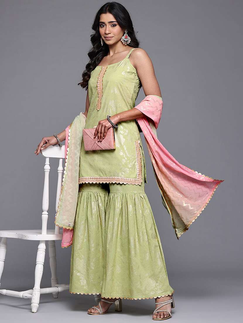 women printed sleeveless kurta sharara with dupatta set