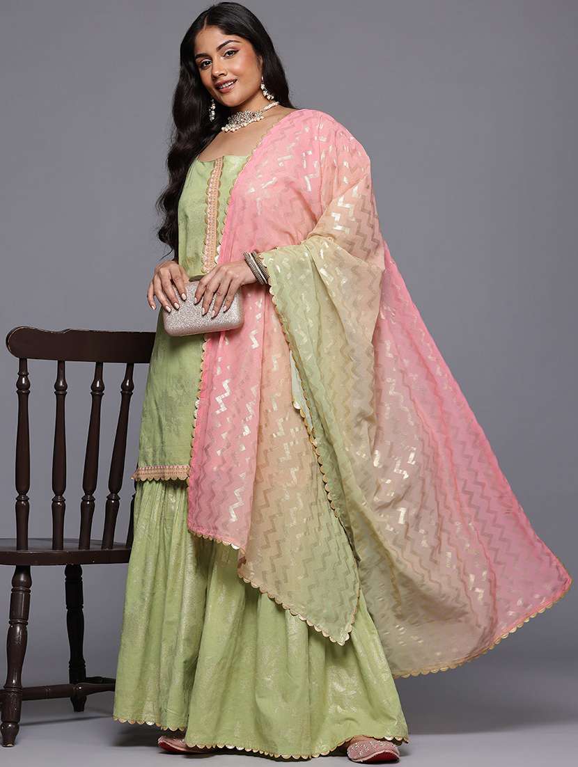 women printed sleeveless kurta sharara with dupatta set