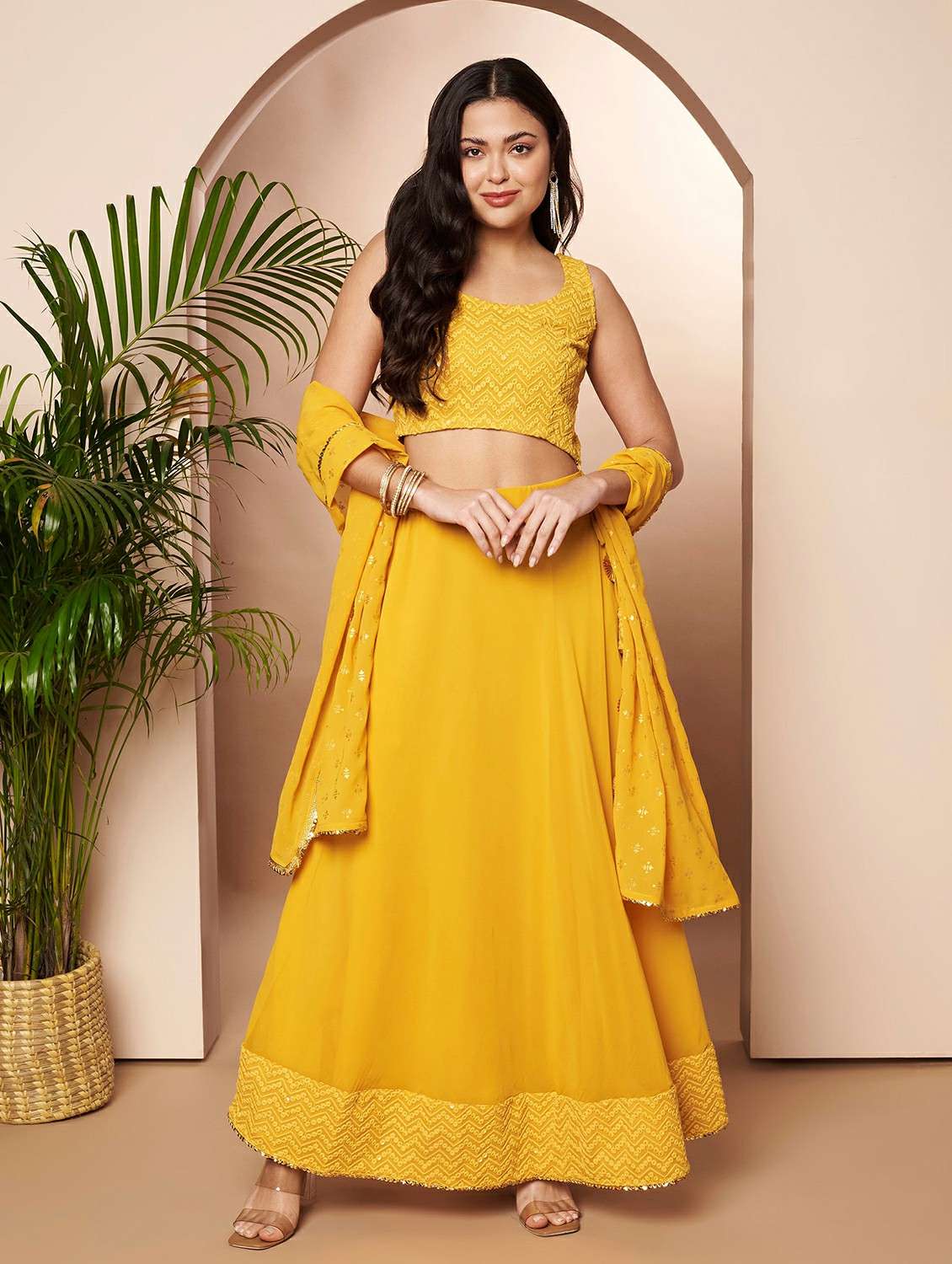 women solid with work flared stitched lehenga - 22392857 -  Standard Image - 1