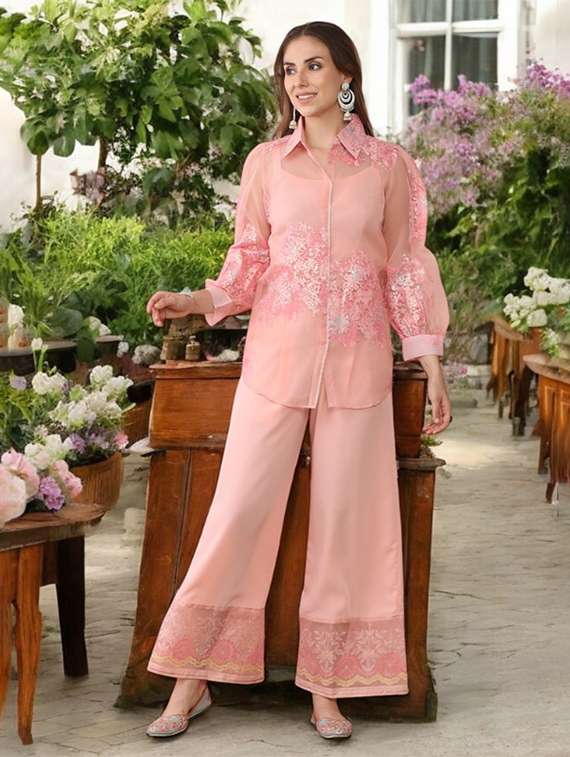 women solid with work long sleeve ethnic co-ord set - 22392865 -  Standard Image - 1