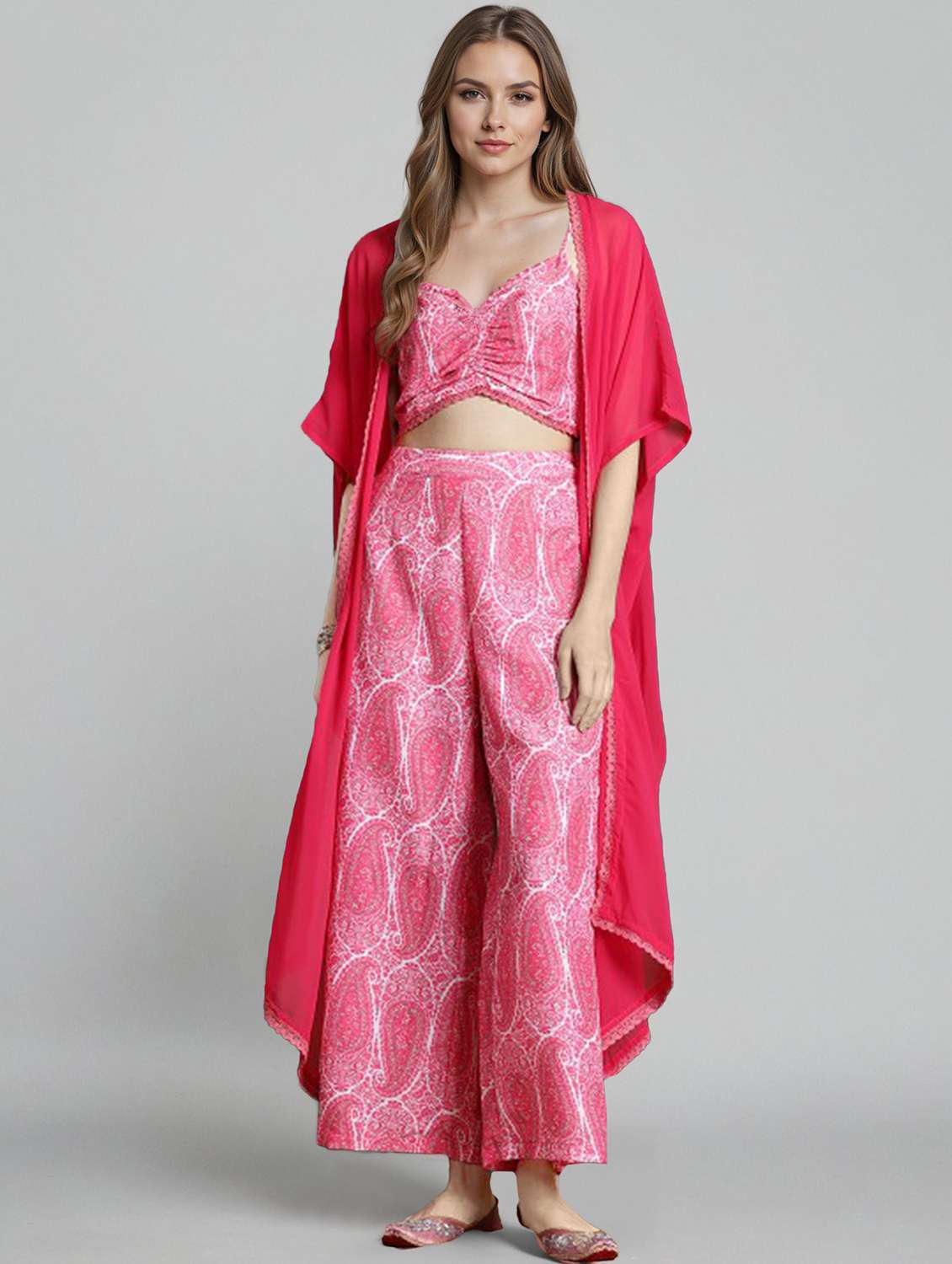 women printed kimono sleeve fusion set