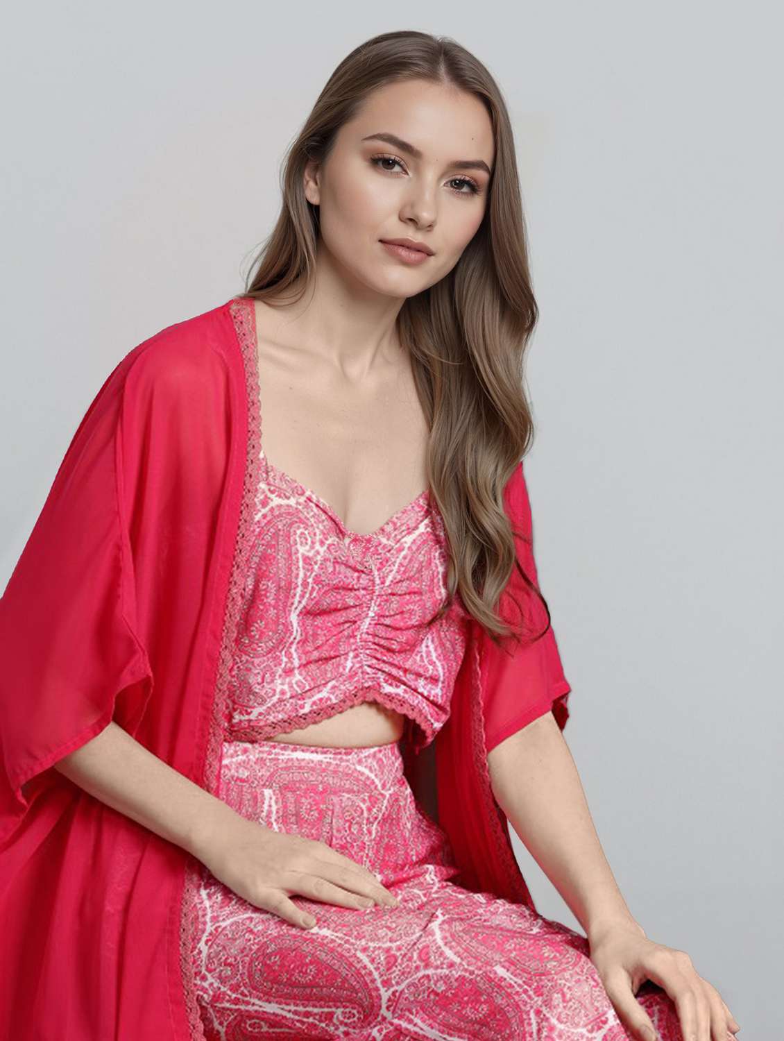 women printed kimono sleeve fusion set - 22392875 -  Standard Image - 1