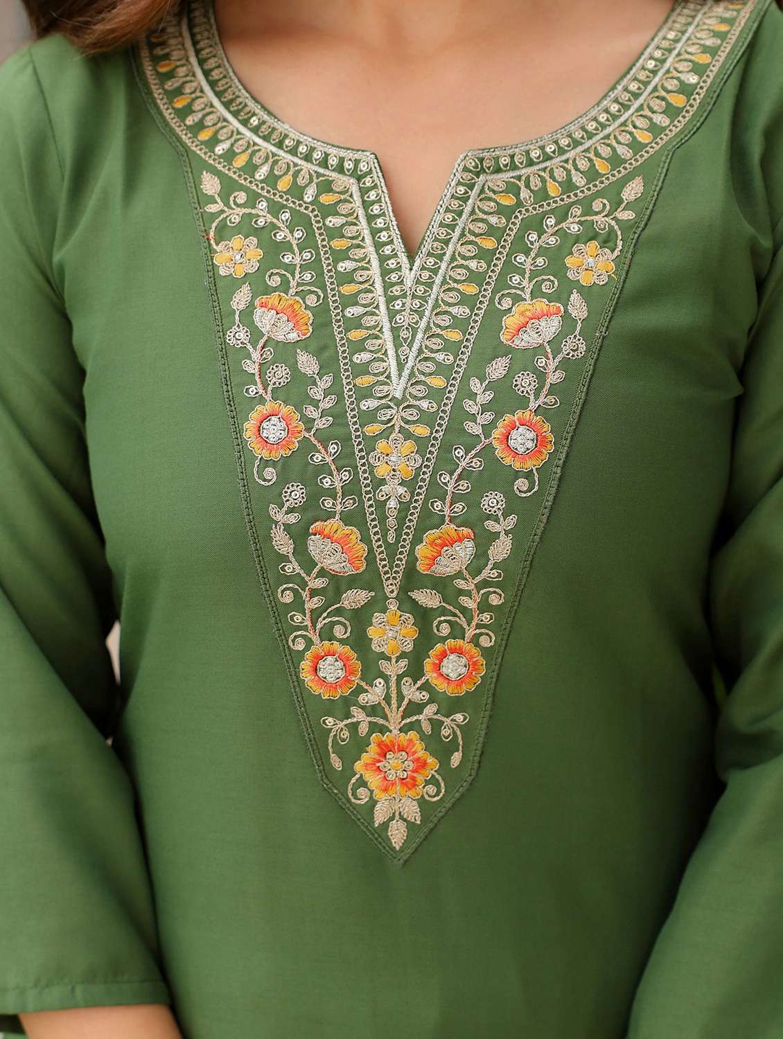 women solid with work three quarter sleeve kurta pant with dupatta set - 22393028 -  Standard Image - 1