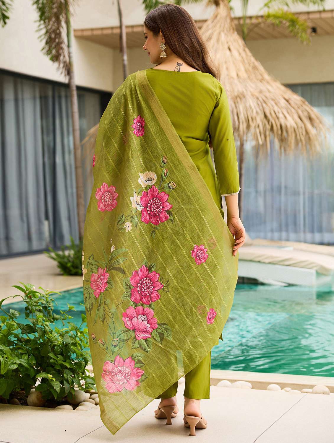 women solid with work three quarter sleeve kurta pant with dupatta set - 22393033 -  Standard Image - 4