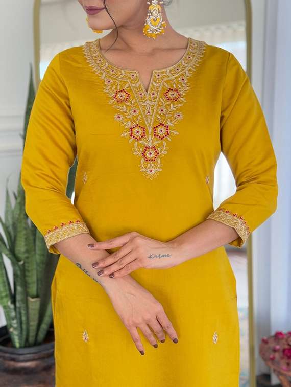 women solid with work three quarter sleeve kurta pant with dupatta set - 22393038 -  Standard Image - 4